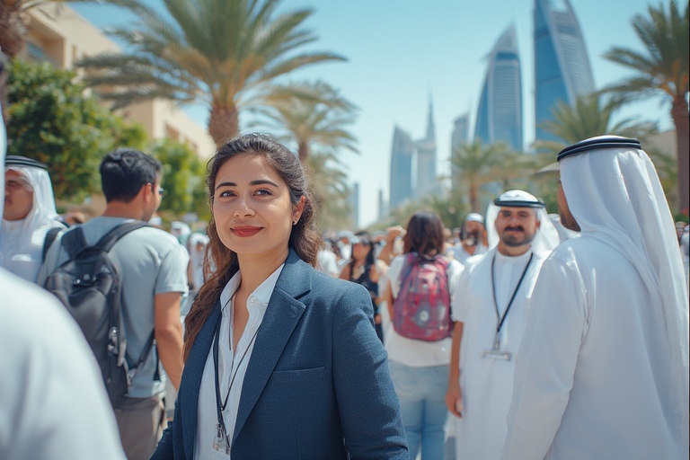 Professional tour guide leading sightseeing group in UAE